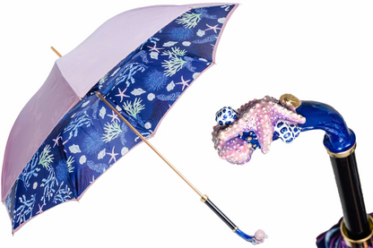 Blue Starfish Umbrella – Handmade Italian Rain Umbrella with Enameled Brass Handle