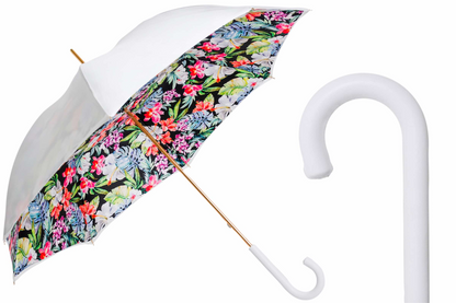 White Flower Umbrella – Handmade Italian Rain Umbrella with Leather Handle