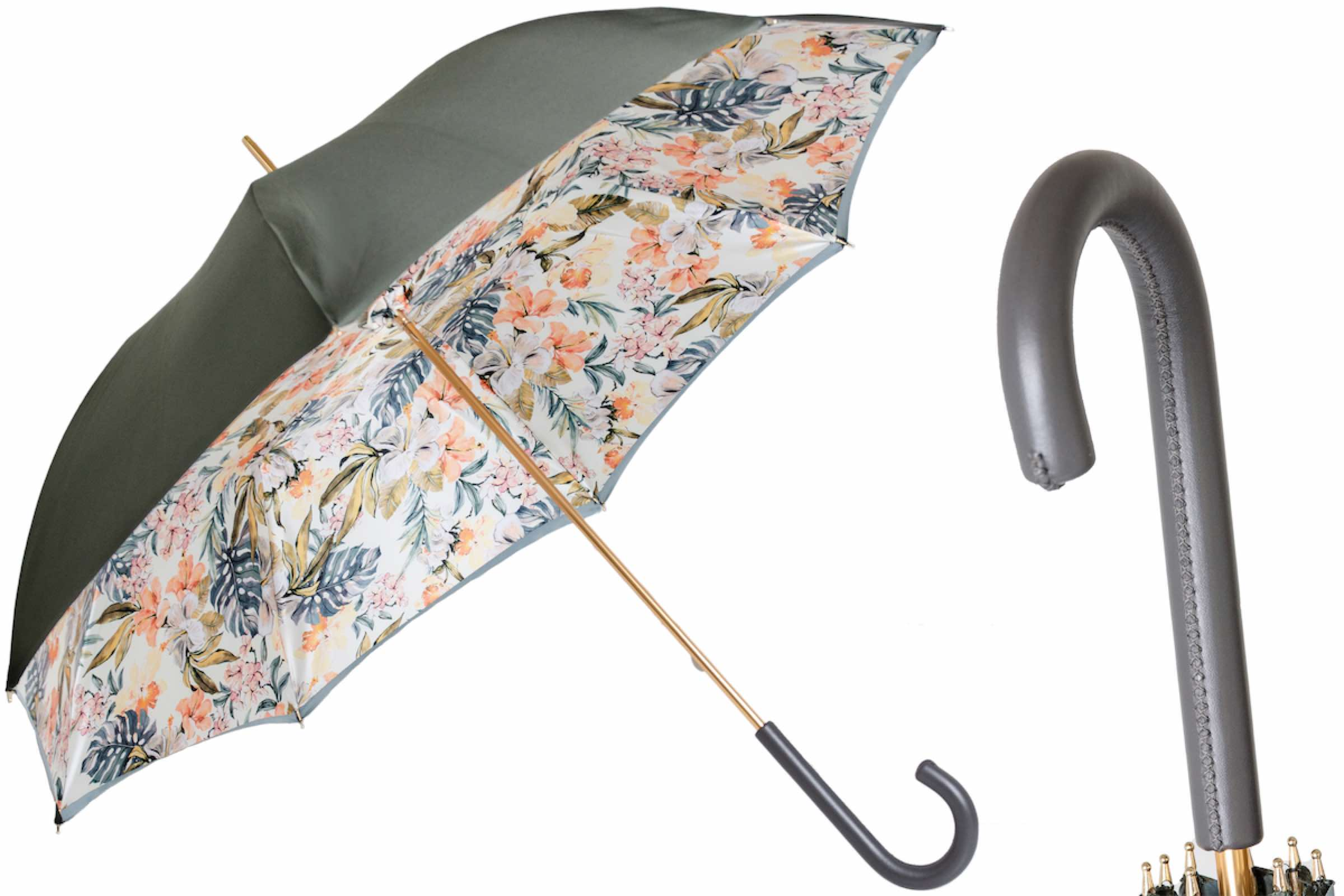 Grey Floral Umbrella – Handmade Italian Rain Umbrella with Leather Handle & Flower Print