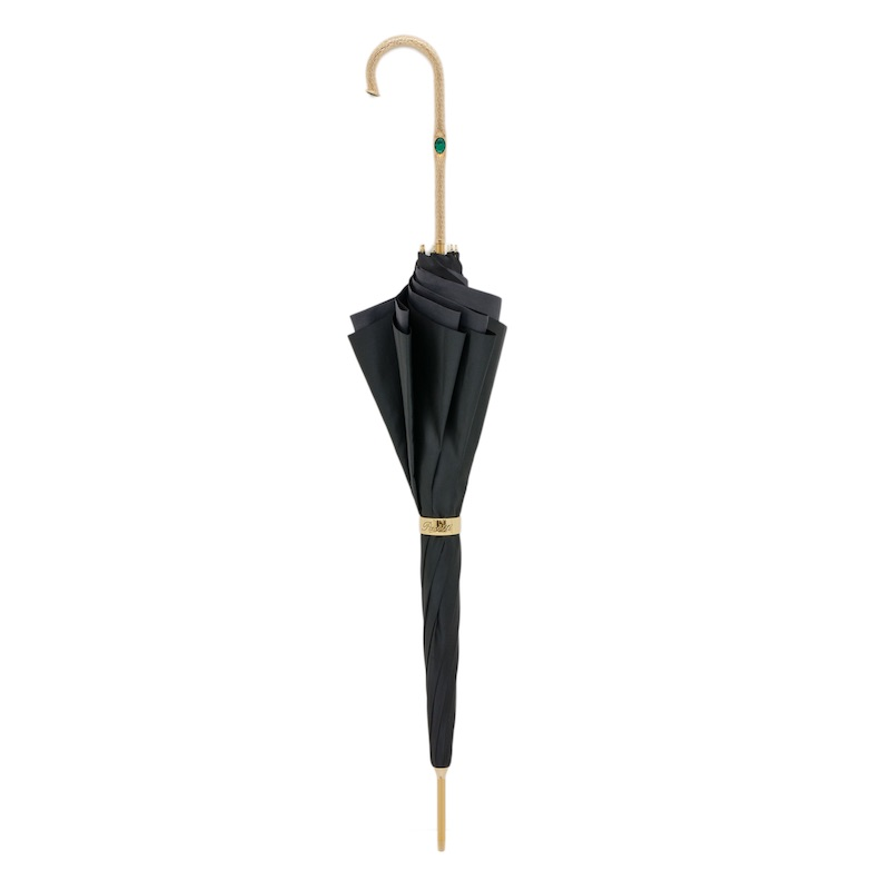 Black Double Cloth Umbrella – Italian Handcrafted Rain Gear with Peacock Pattern Lining