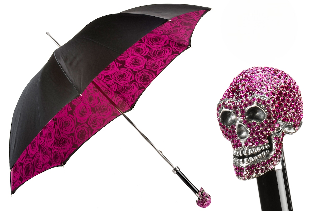 Luxury Skull Umbrella – Handmade Italian Double Canopy Fuchsia Floral Rain Gear