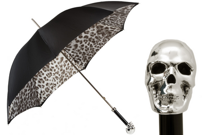 Luxury Animalier Umbrella – Black and White Double Cloth Canopy with Silver Skull Handle