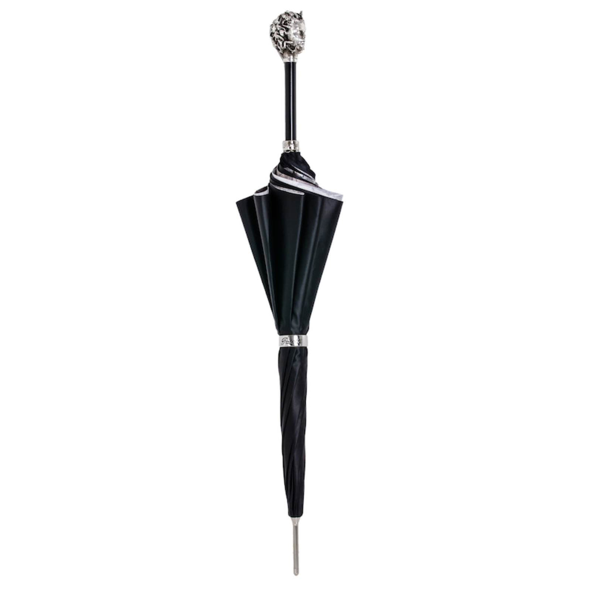 Ilmarchesato Medusa Umbrella, art designer rain umbrella for women with intricate Medusa head pattern, open display.
