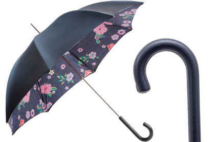 Floral Print Umbrella – Handmade Italian Rain Umbrella with Leather Handle & Gift Box