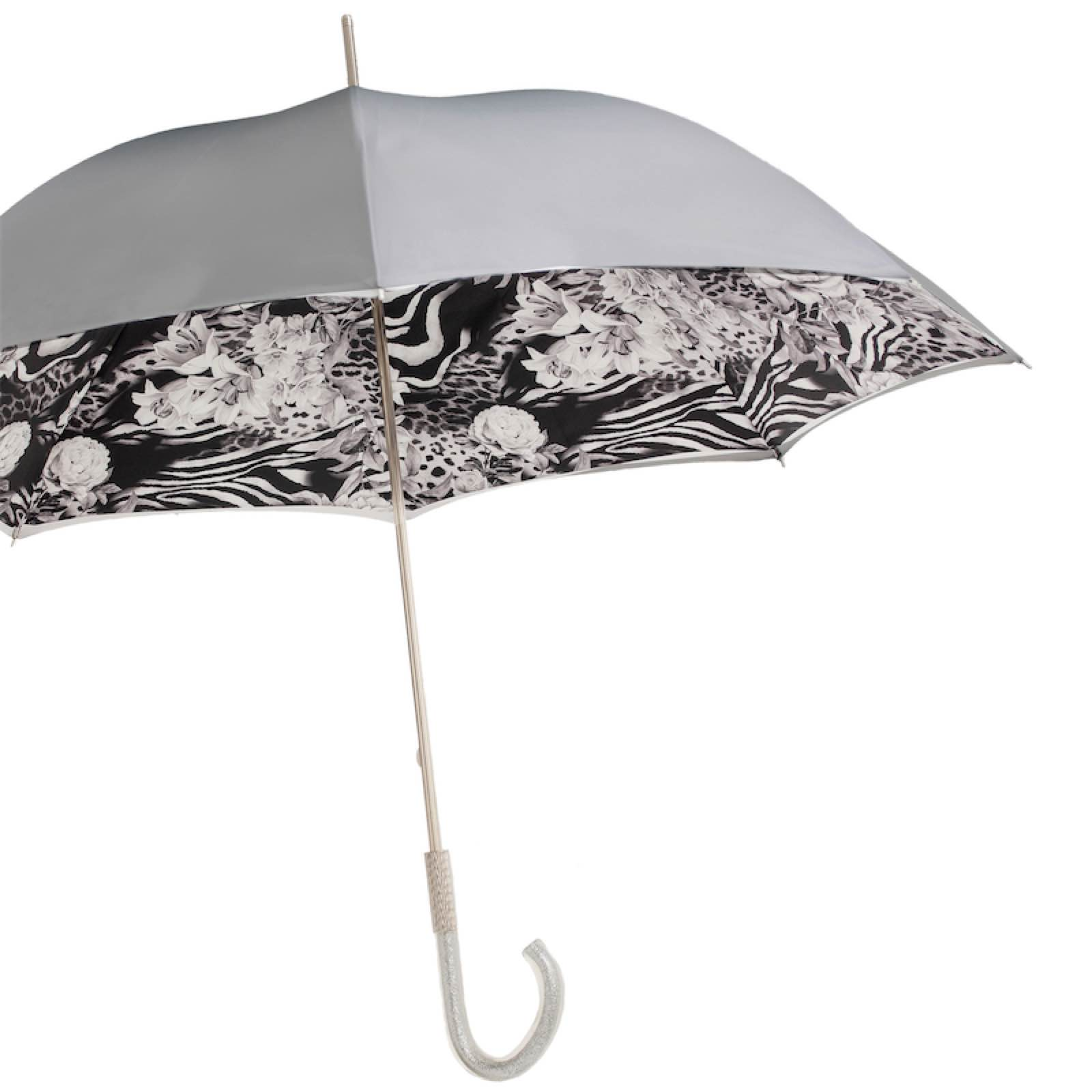 Luxury Italian Umbrella – Handcrafted Animal Print Canopy with Silver Rose Accents