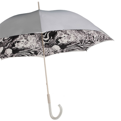 Luxury Italian Umbrella – Handcrafted Animal Print Canopy with Silver Rose Accents
