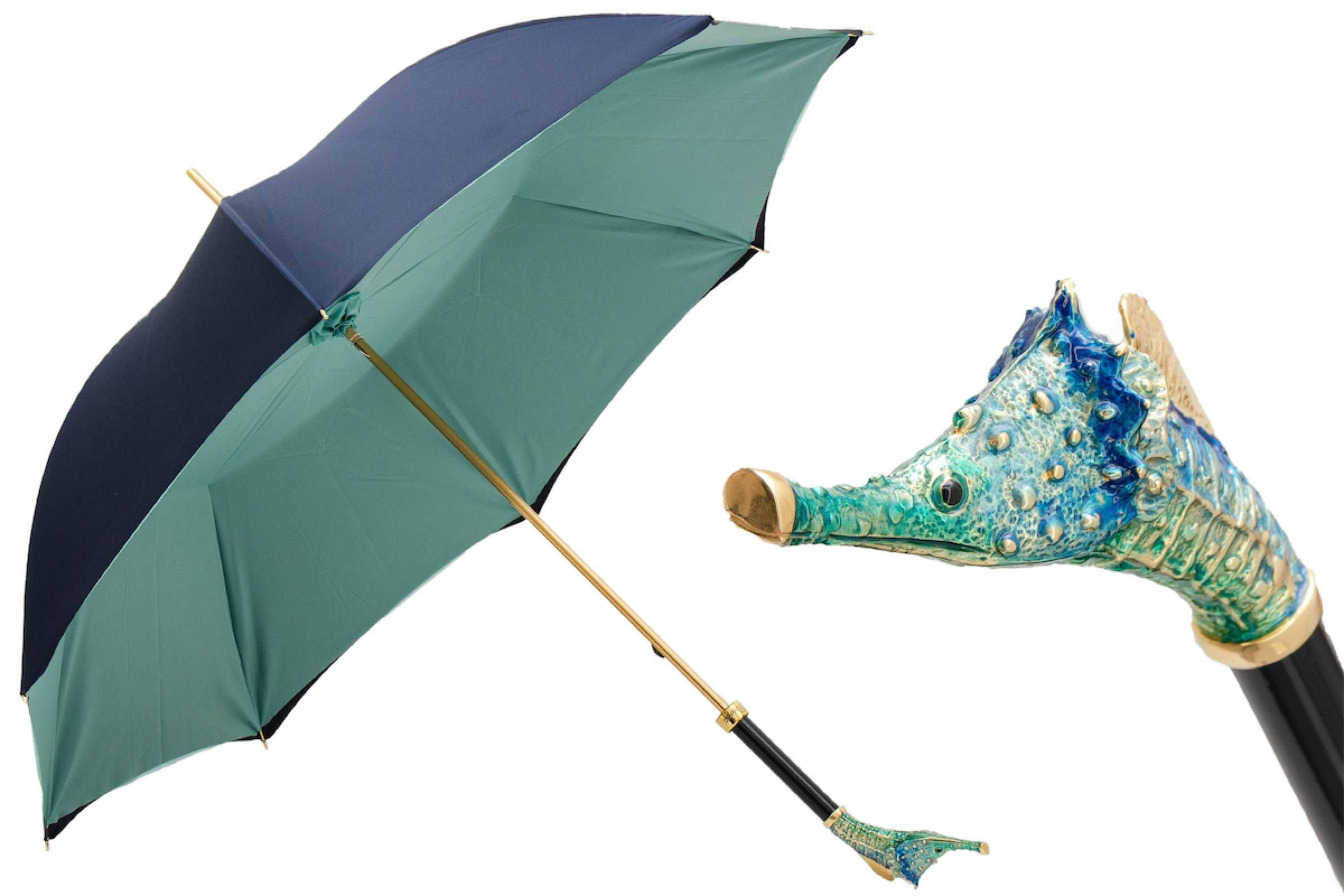 Seahorse Brass Umbrella – Italian Handmade Double Cloth Rain Umbrella With Enameled Handle