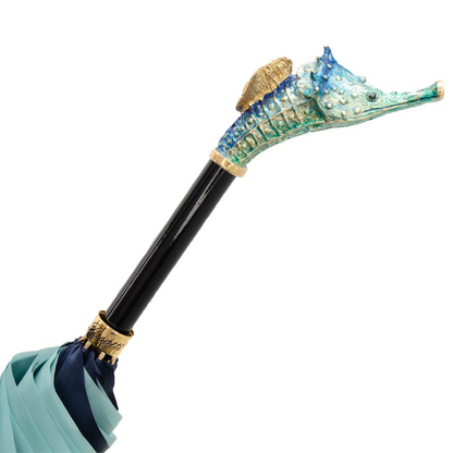 Seahorse Brass Umbrella – Italian Handmade Double Cloth Rain Umbrella With Enameled Handle