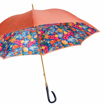 Orange Floral Umbrella – Handmade Italian Rain Umbrella with Acetate Handle