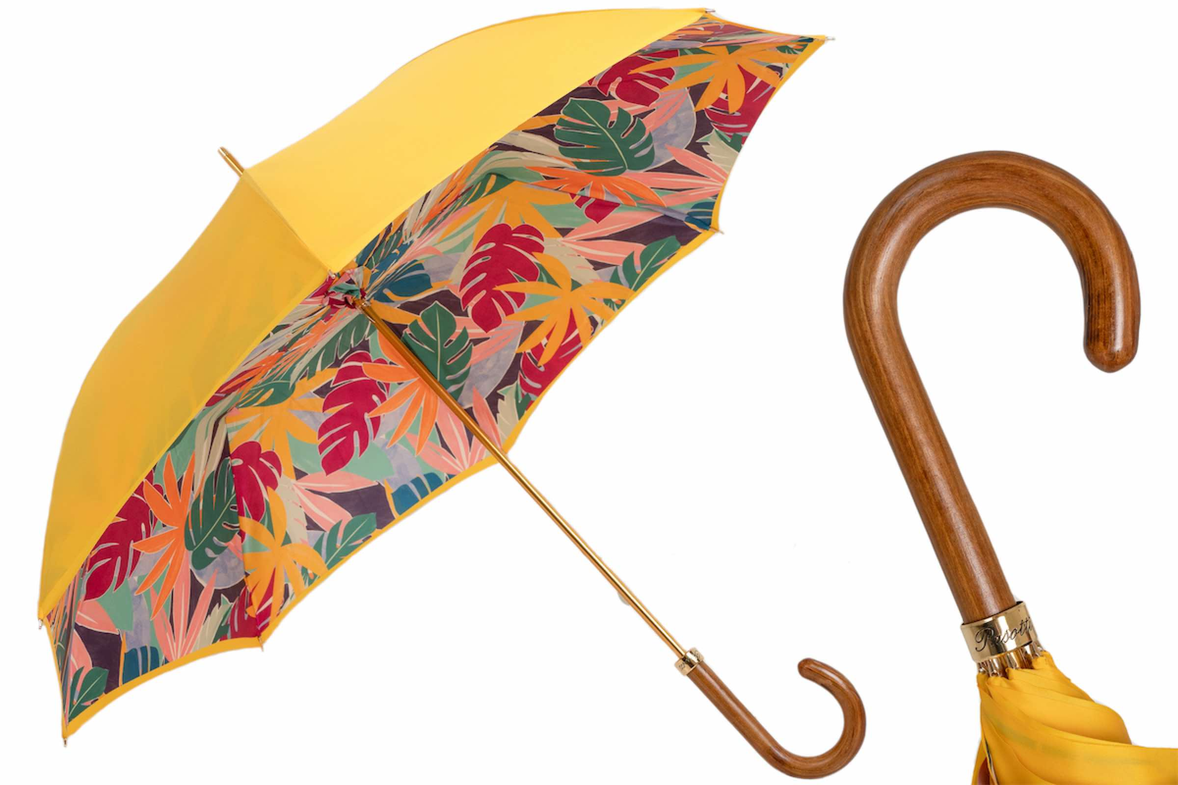 Yellow Tropical Umbrella – Handmade Italian Rain Umbrella With Wooden Handle