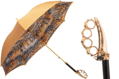 Snake print luxury rain umbrella with sculpted brass handle from Ilmarchesato, featuring a detailed snake pattern on the canopy.