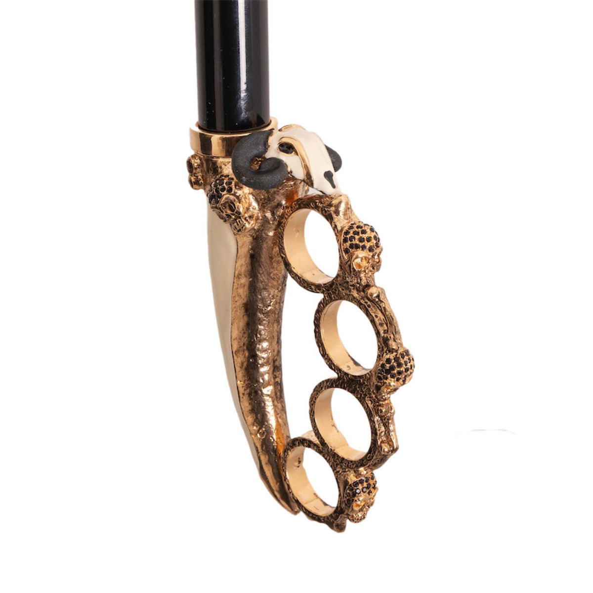 Snake print luxury rain umbrella with sculpted brass handle by Ilmarchesato, open to show the detailed pattern and elegant design.