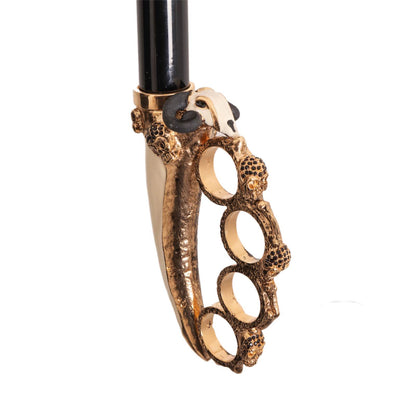 Snake print luxury rain umbrella with sculpted brass handle by Ilmarchesato, open to show the detailed pattern and elegant design.
