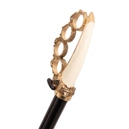 Snake print luxury rain umbrella with sculpted brass handle by Ilmarchesato, open to show detailed pattern and elegant design.