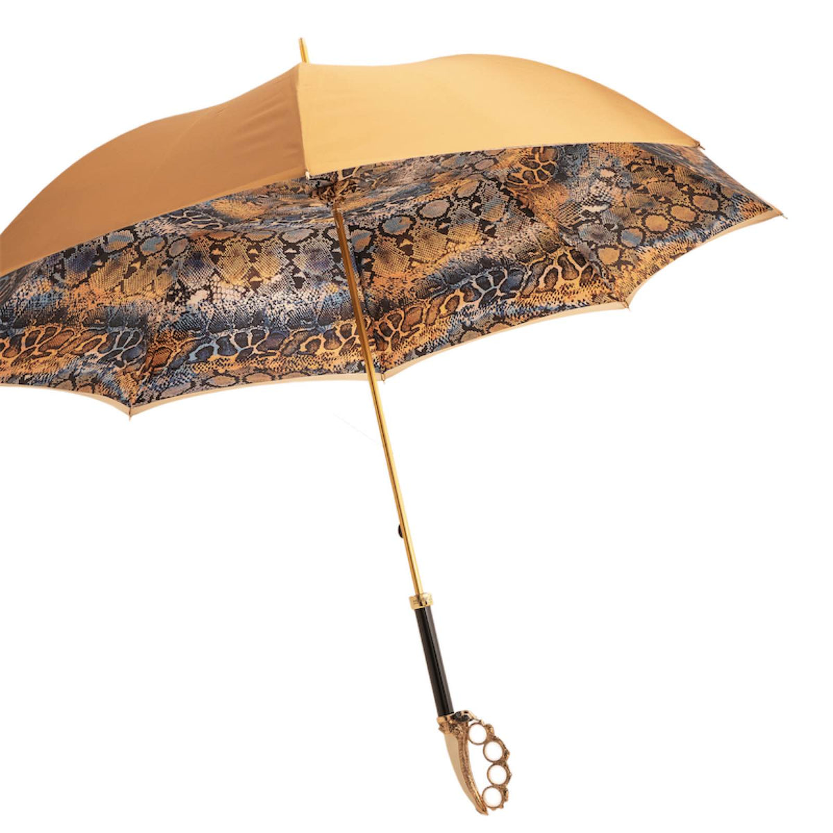 Snake print luxury rain umbrella with sculpted brass handle, featuring a vibrant snake pattern and elegant design.