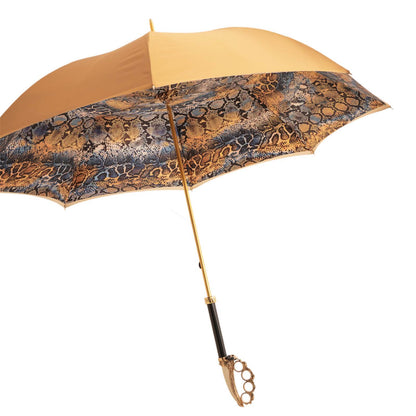 Snake print luxury rain umbrella with sculpted brass handle, featuring a vibrant snake pattern and elegant design.