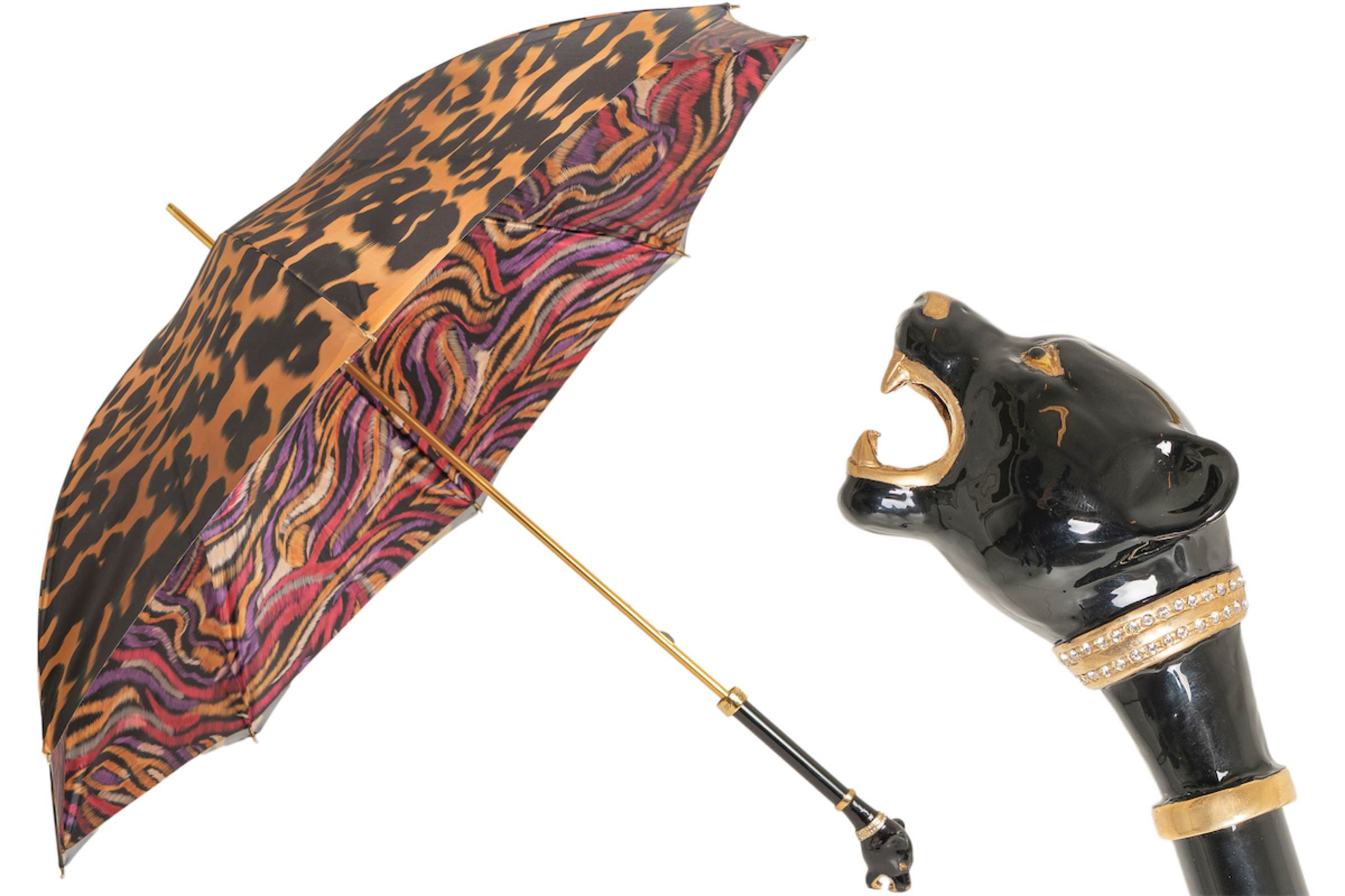 Luxury Panther Umbrella – Italian Handmade Designer Rain Umbrella with Enameled Brass Handle