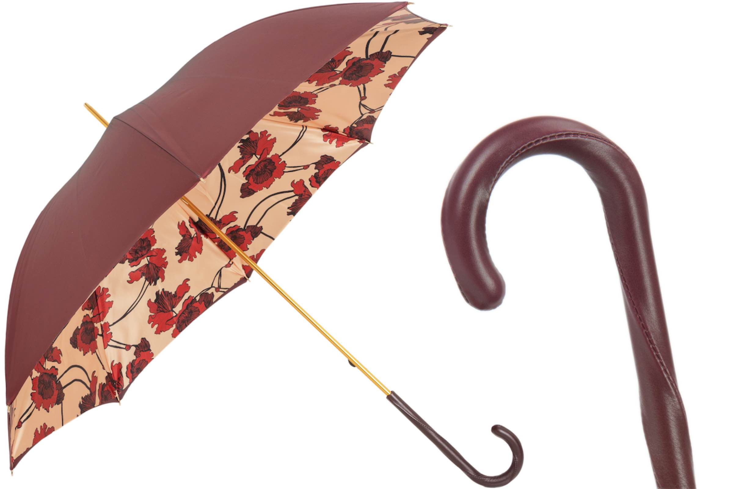 Leather Handle Umbrella – Flowered Burgundy Manual Opening Rain Gear for Women