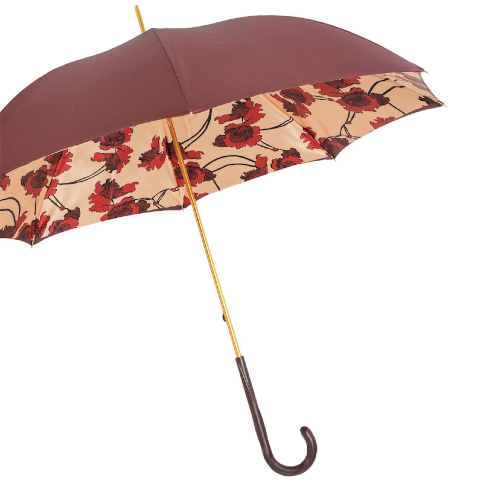 Leather Handle Umbrella – Flowered Burgundy Manual Opening Rain Gear for Women
