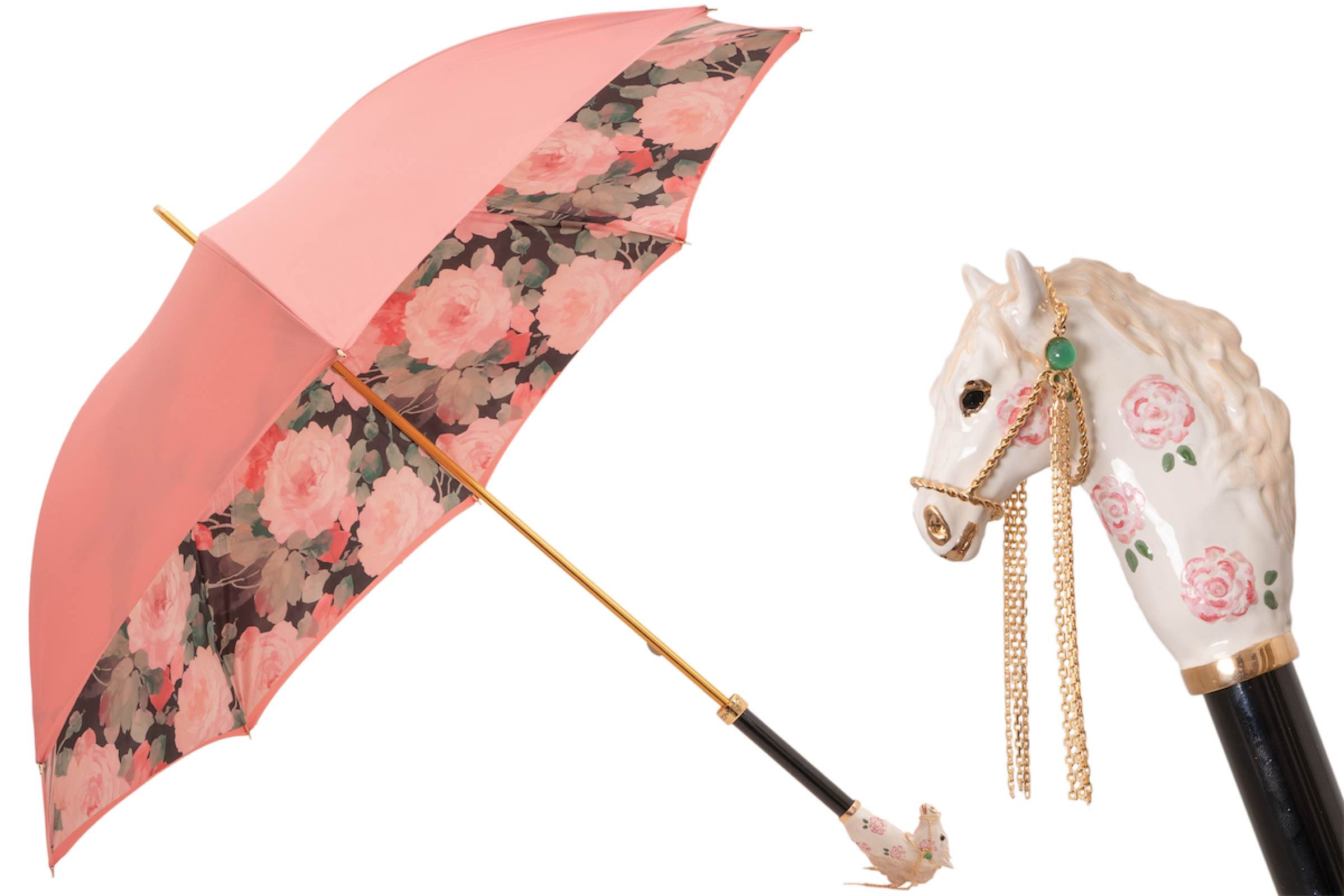 Designer Brass Umbrella – Pink Enameled Handle, Manual Opening, Italian Handmade Rain Gear