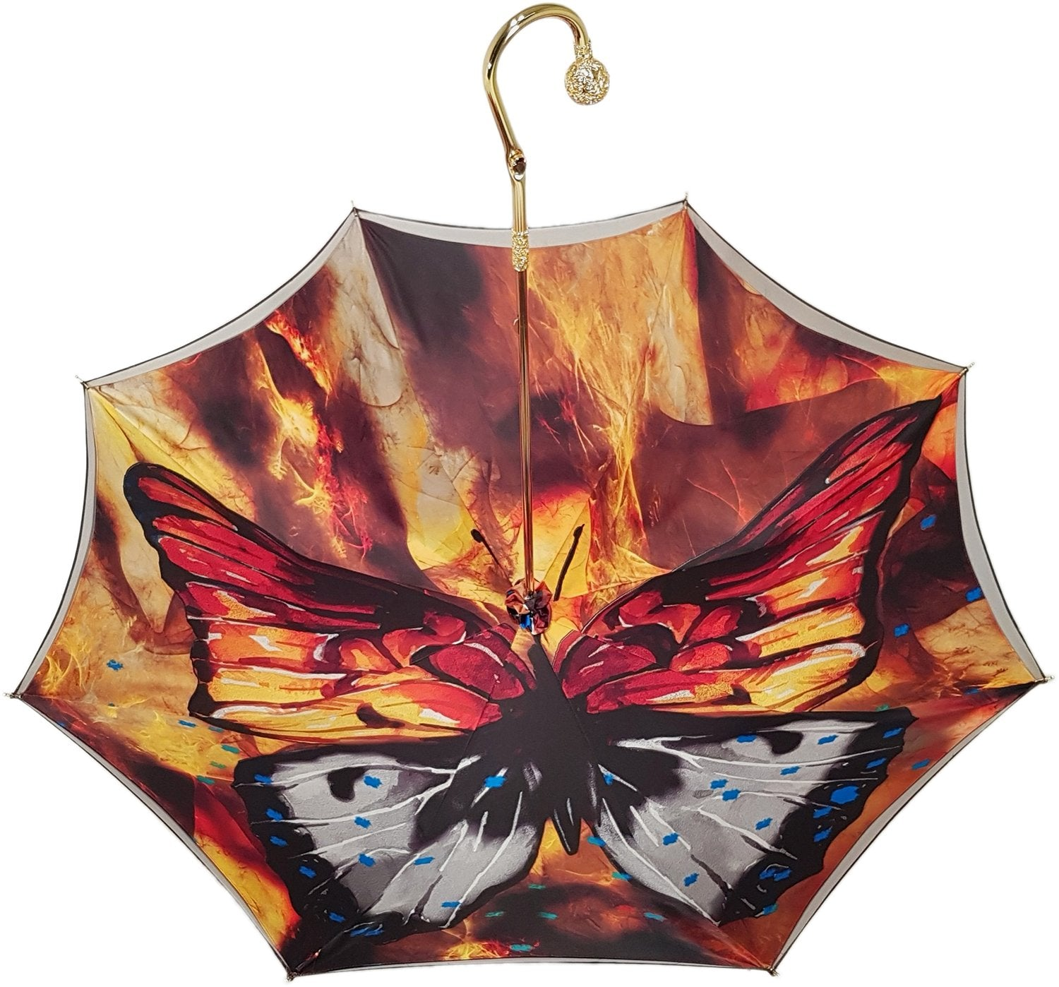 Colorful butterfly double canopy luxury rain umbrella for women by Ilmarchesato, featuring vibrant butterfly patterns and sturdy construction.