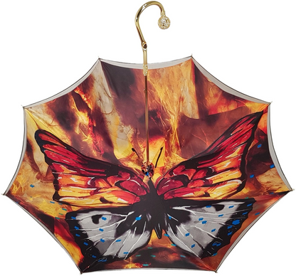 Colorful butterfly double canopy luxury rain umbrella for women by Ilmarchesato, featuring vibrant butterfly patterns and sturdy construction.