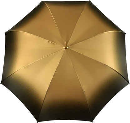 Gold-toned double-canopy umbrella with a tiger eye handle by Ilmarchesato, showcasing an elegant floral design.