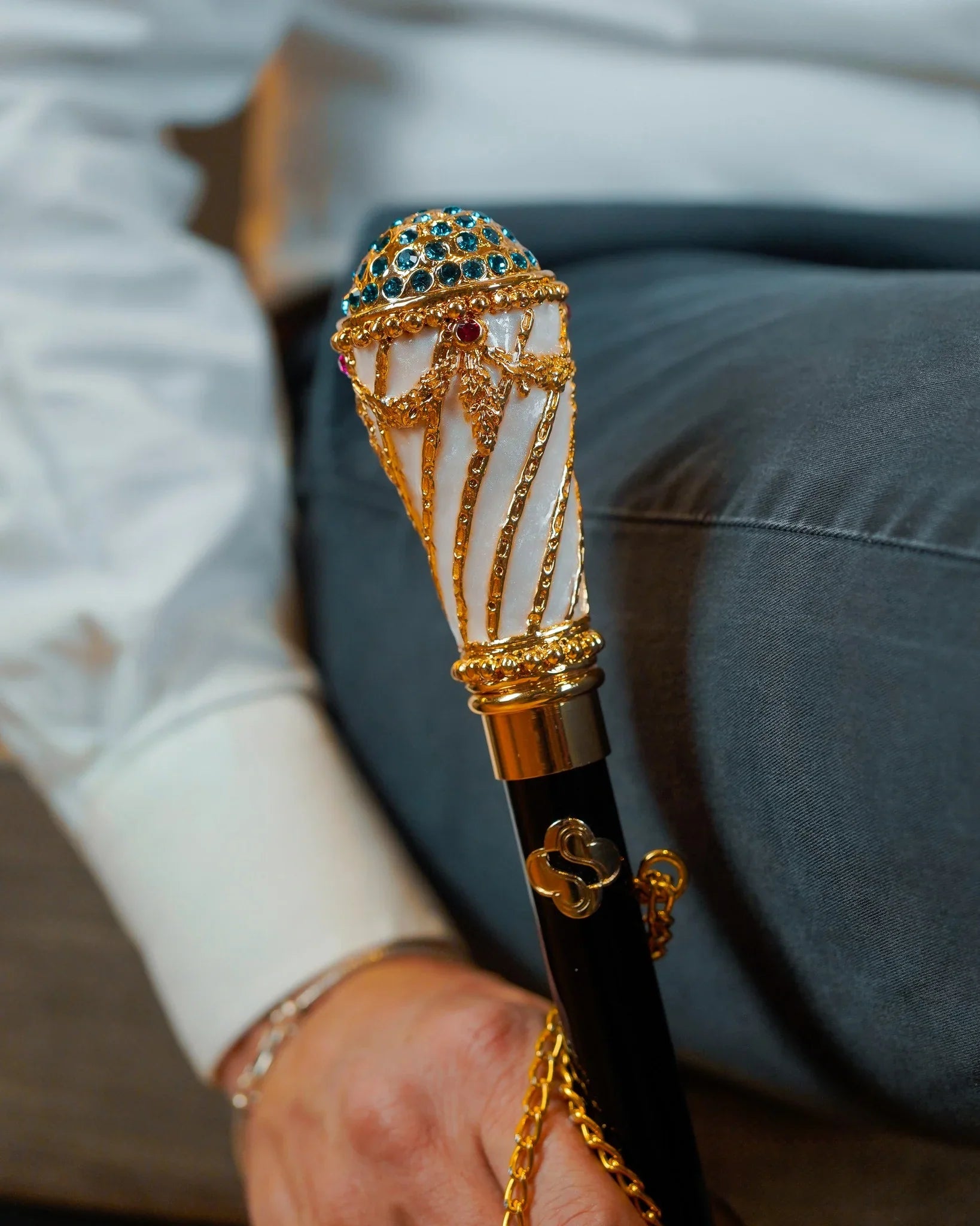 Luxury Gold Walking Cane – Hand-Painted Art Cane with Swarovski Crystals & Black Beech Wood