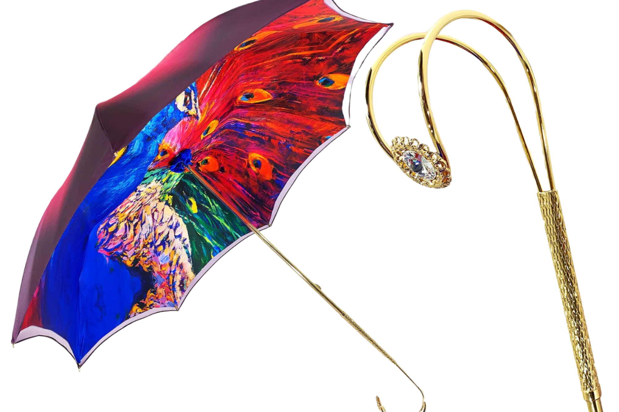 Luxury Peacock Umbrella – Italian Crafted Satin Canopy, Swarovski Crystal Handle