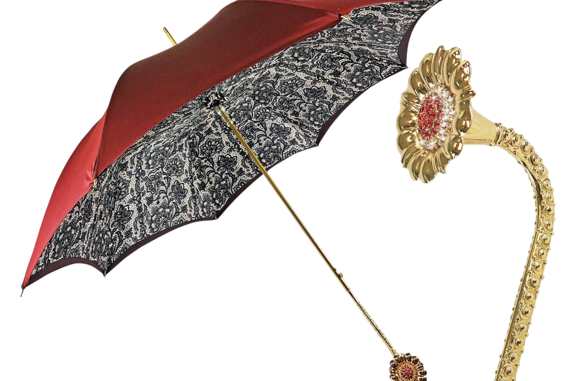 Luxury Burgundy Umbrella – Automatic Open, Swarovski Crystal Handle, Lace Interior
