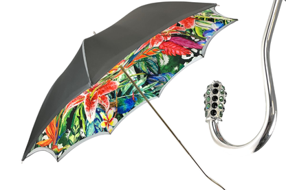 Luxury Grey Umbrella – Designer Ombre Satin Canopy with Floral Print & Swarovski Handle