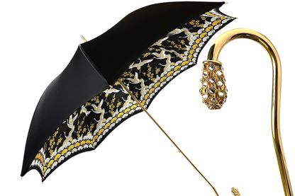 Double Cloth Umbrella – Elegant Black Satin Canopy with Herons Print Interior