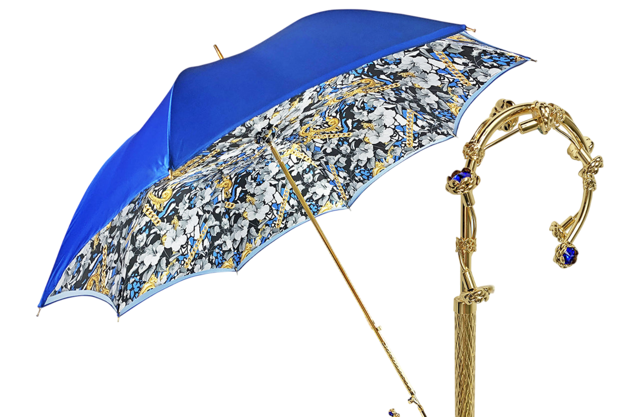 Luxury Blue Umbrella | Handmade Italian Double Canopy Rain Umbrella with 24K Gold-Plated Handle