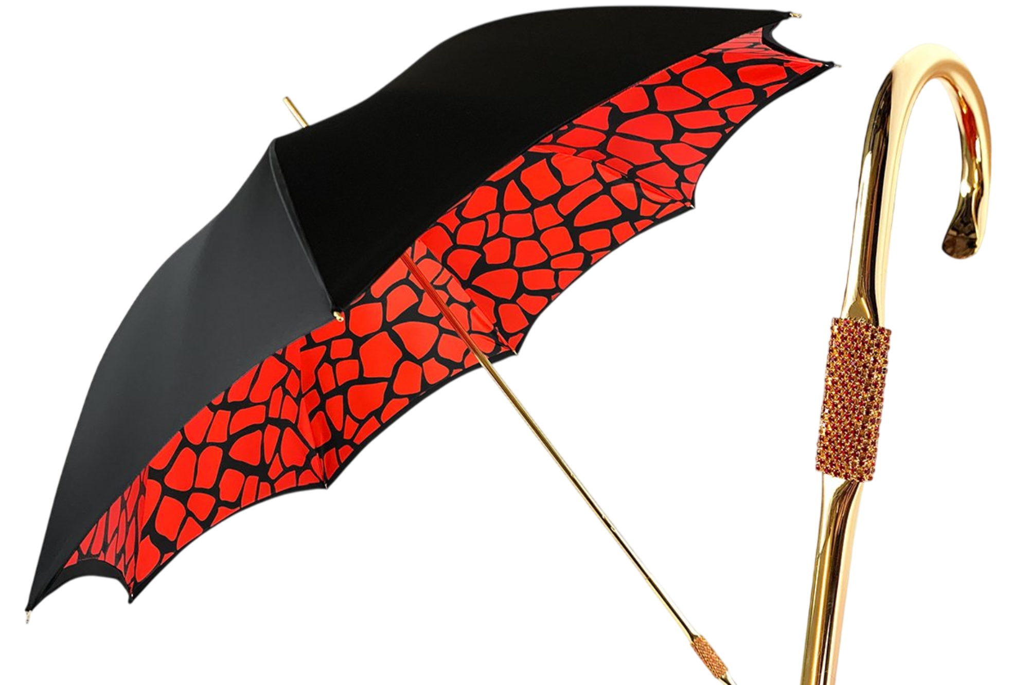 Giraffe Print Umbrella – Handmade Italian Design | Black Satin Canopy, 24K Gold Handle