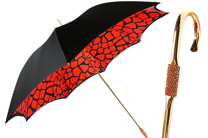 Giraffe Print Umbrella – Handmade Italian Design | Black Satin Canopy, 24K Gold Handle