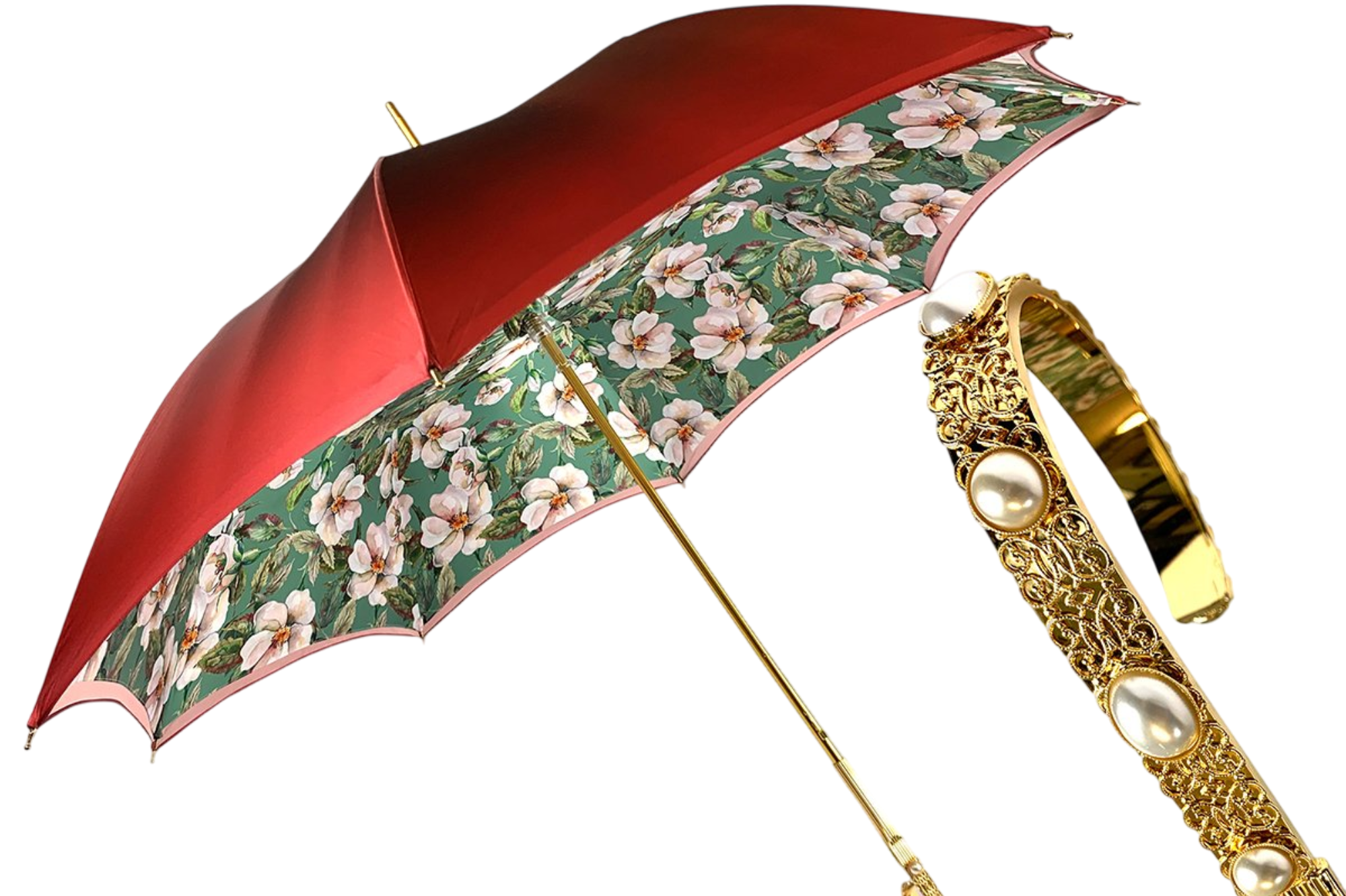 Flowered Umbrella - Luxury Rain Umbrella With 24K Gold Handle & Satin Fabric