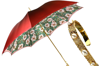 Flowered Umbrella - Luxury Rain Umbrella With 24K Gold Handle & Satin Fabric