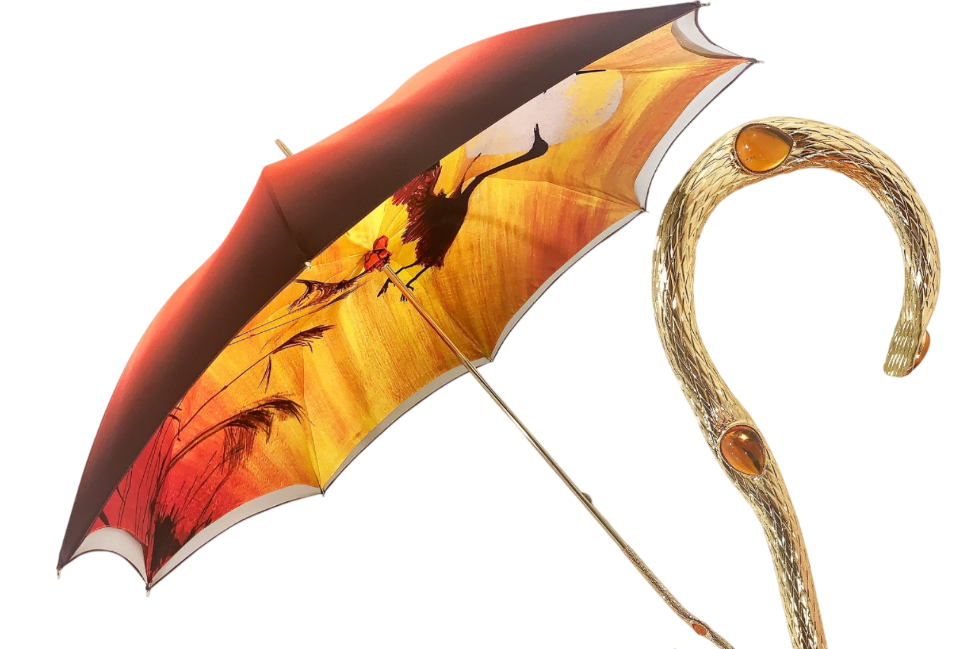 Handmade Luxury Umbrella – Herons In Flight Design | Elegant Orange Black Gradient