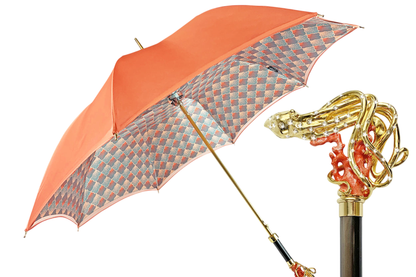 Goldplated Octopus Umbrella – Luxury Satin Coral Canopy, Swarovski Crystal, Handmade Italian
