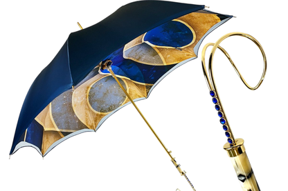 Handcrafted Luxury Umbrella – Italian Satin Double Canopy Rain Umbrella with Blue Swarovski Crystals