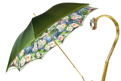 Italian Luxury Umbrella – Elegant Green Floral Double Canopy Rain Umbrella