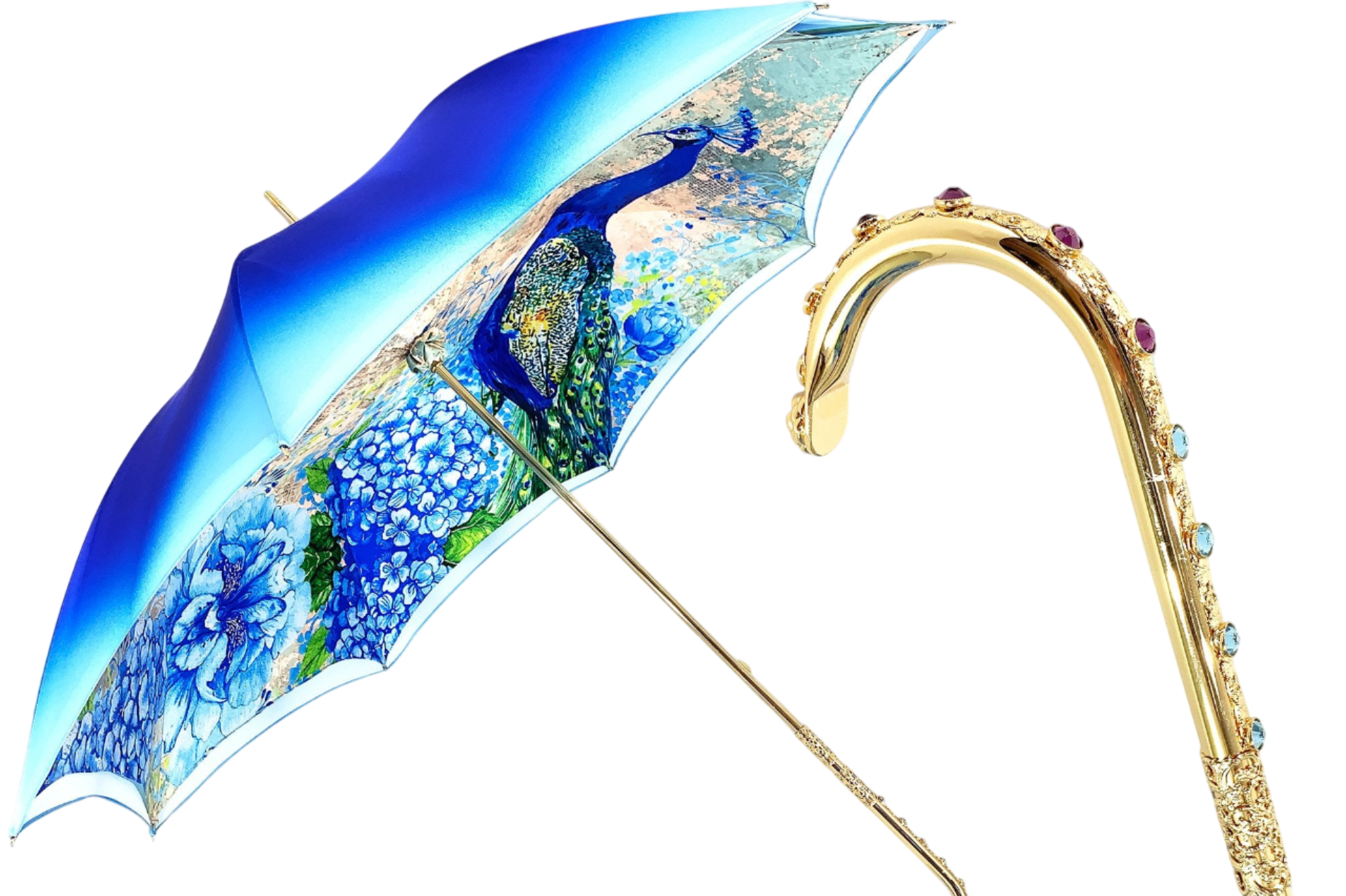 Luxury Peacock Umbrella – Italian Handmade Satin Canopy with 24K Gold Handle