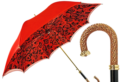 Romantic Red Roses Umbrella – Handmade Luxury Umbrella with Gold-Plated Brass Handle