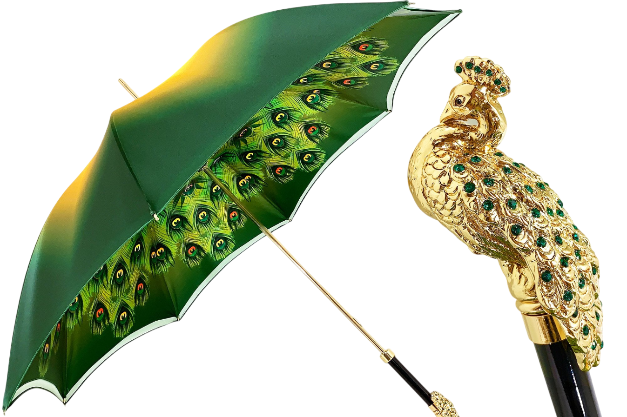 Green Peacock Umbrella – Handmade Italian Satin Canopy | Luxury Women's Rain Gear