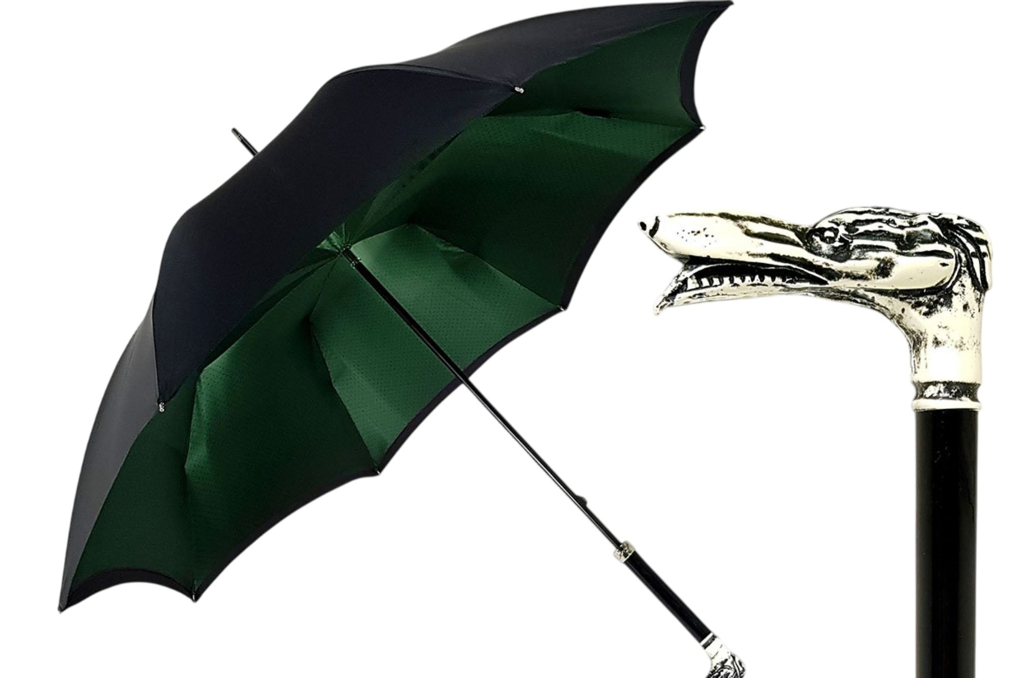 Men's Double Canopy Umbrella - Luxury Italian Polyester, Dog Handle, Black Green Satin