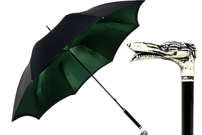 Men's Double Canopy Umbrella - Luxury Italian Polyester, Dog Handle, Black Green Satin
