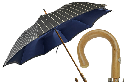 Men's Double Canopy Umbrella – Grey & Blue Striped Italian Handmade Rain Umbrella