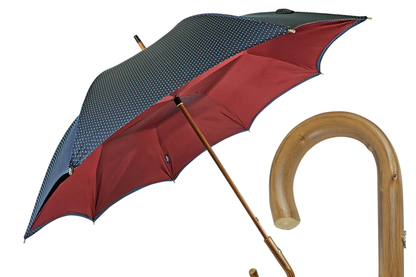 Men's Double Canopy Umbrella – Navy Blue Rain Umbrella with Wooden Handle & Dot Pattern