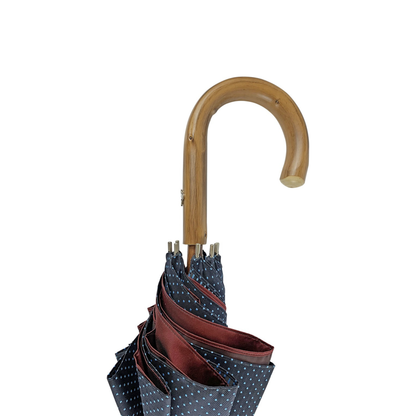 Men's Double Canopy Umbrella – Navy Blue Rain Umbrella with Wooden Handle & Dot Pattern