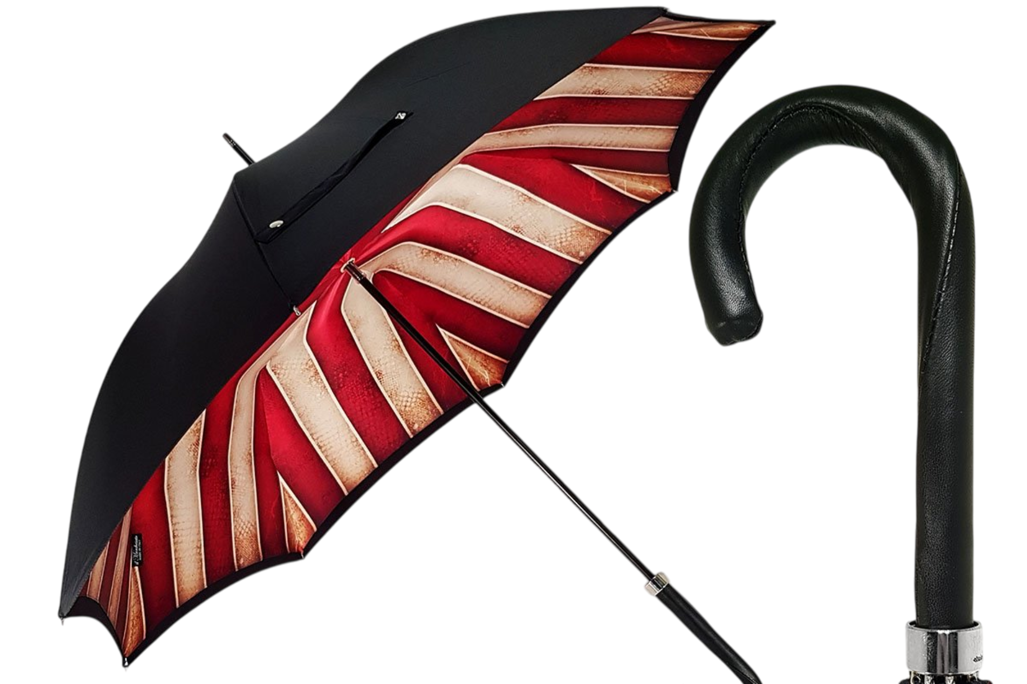 Handcrafted Leather Umbrella – Luxury Striped Red Cream Canopy, Durable Rain Protection